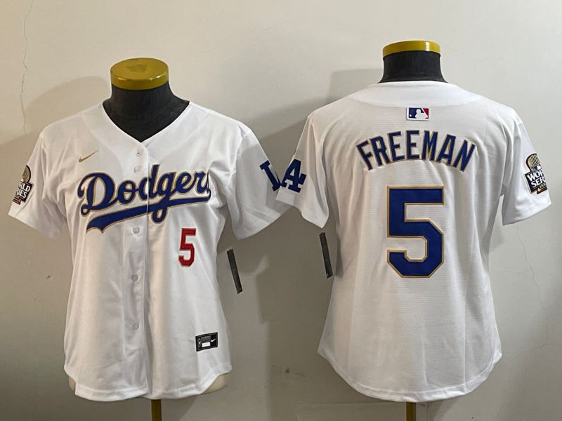 Women Los Angeles Dodgers 5 Freeman White Gold Game 2024 Nike MLB Jersey style 1202